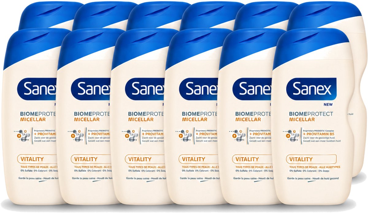 12 x Sanex - BiomeProtect Micellair - Douchegel - Vitaliteit - 0% Sulfaat - Alle Huidtypes - 400 ml - Voordeelverpakking - 12 stuks