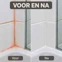 Voor en na foto van douchehoek met oranje aanslag.