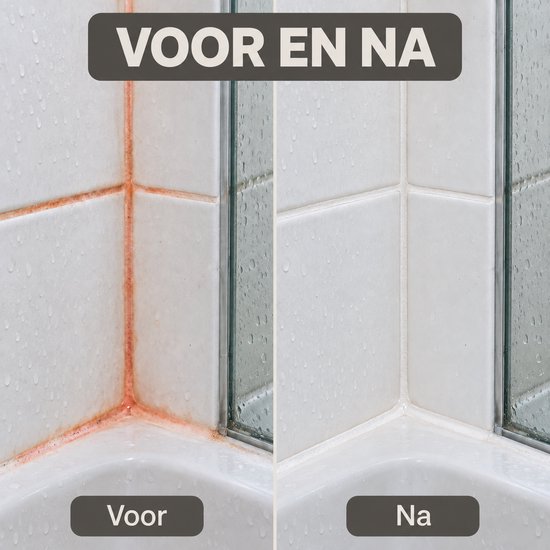 Voor en na foto van douchehoek met oranje aanslag.