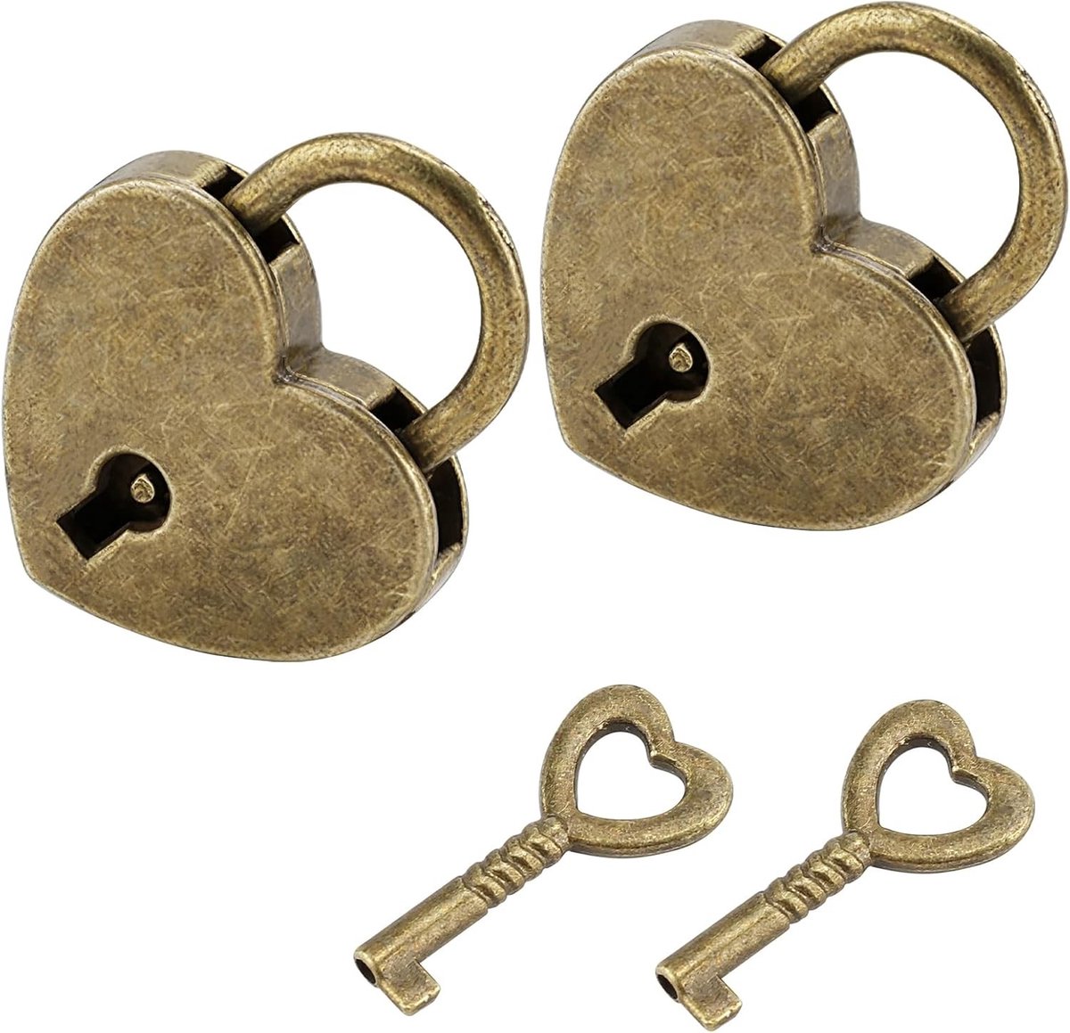 Antieke messing hangslot in hartvorm met sleutel - Set van 2 - Perfect voor decoratie en beveiliging