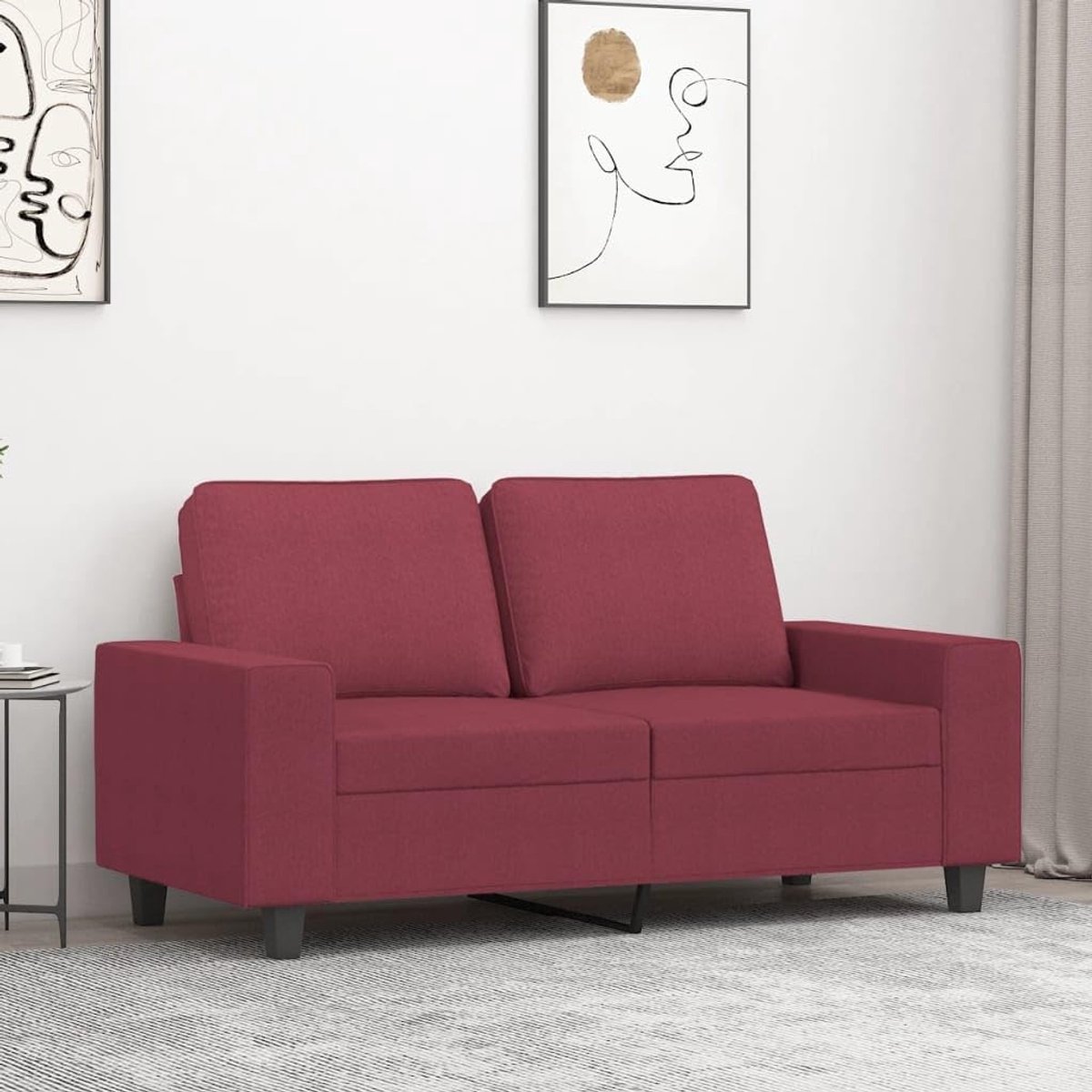 2-zitsbank in wijnrood, 120 cm breed, gemaakt van duurzame en ademende stof met robuust metalen frame voor stabiliteit, comfortabele bekleding op zitting, armleuningen