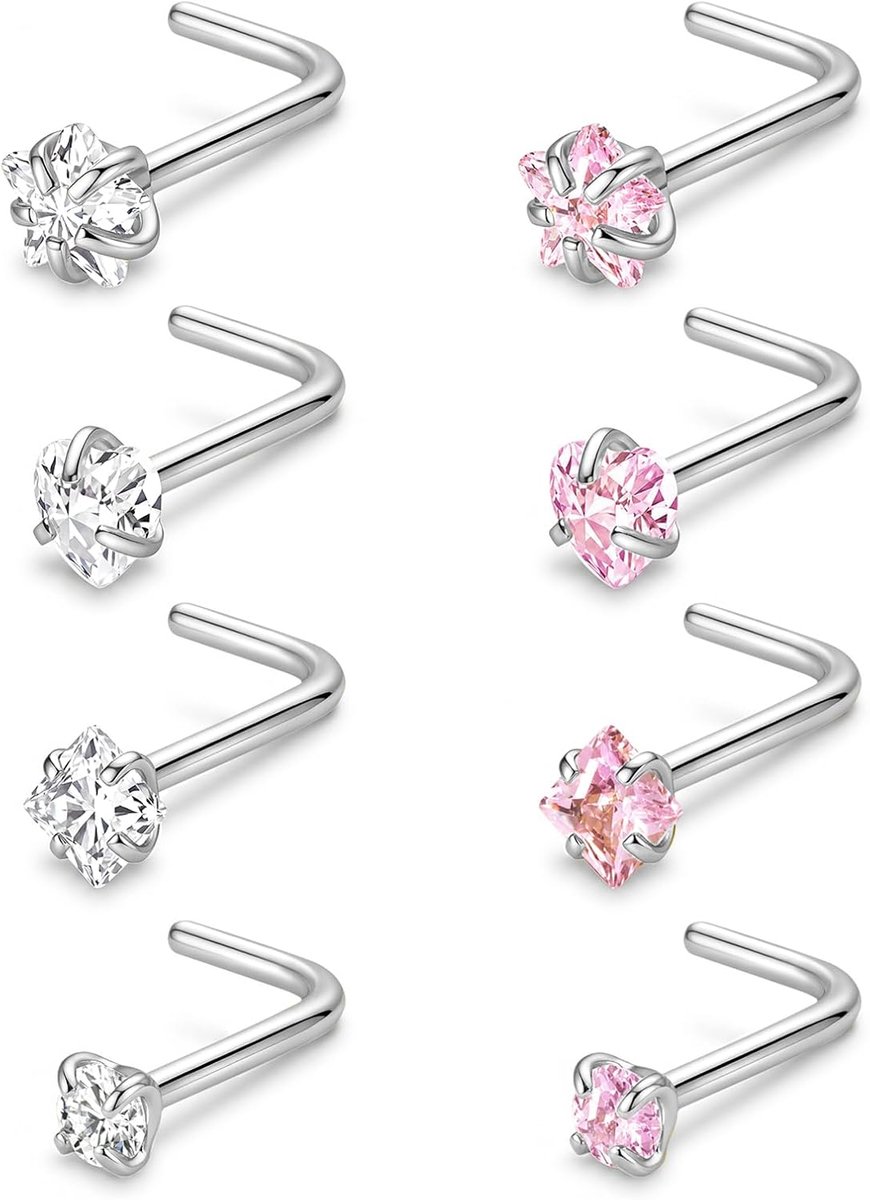 Neus studs L Vorm Roze AB CZ Goud Zilver - Elegant design - Perfect voor elke gelegenheid - ShopVlot