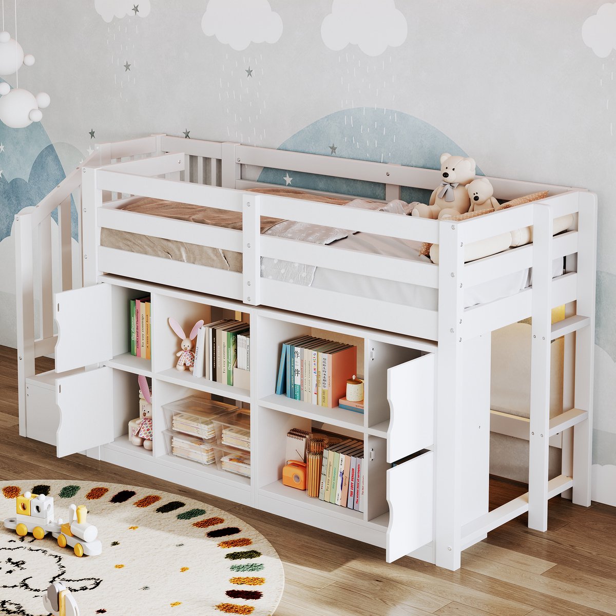 OKWISH Hoogslaper 90x200 cm - Met Ledverlichting, Boekenrek en Opbergkasten - Trap met Opbergruimte en Lattenbodem - Zonder Matras - Hout en MDF - Wit
