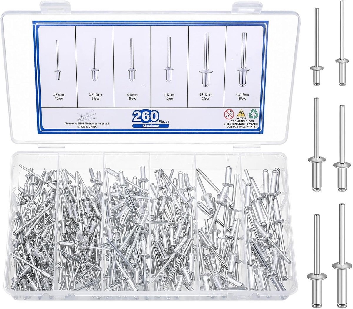 260pcs Aluminum Blind Rivet Set, Pop Rivet Set, Aluminum Blind Rivets Assortment Pop Rivets for Metal Wood Furniture - ShopVlot