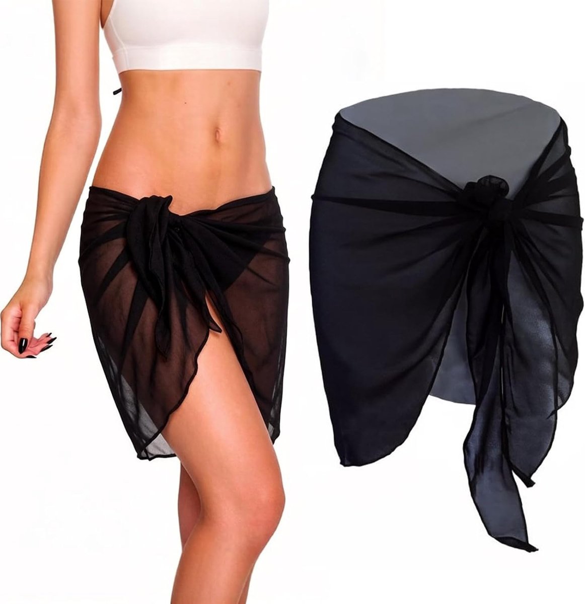 Pareo voor dames, strand, zwart, van chiffon, strandsarong, chique en licht, 50 x 180 cm, vloeiend, voor vakantie en zomer, elegante zwemrok voor dames