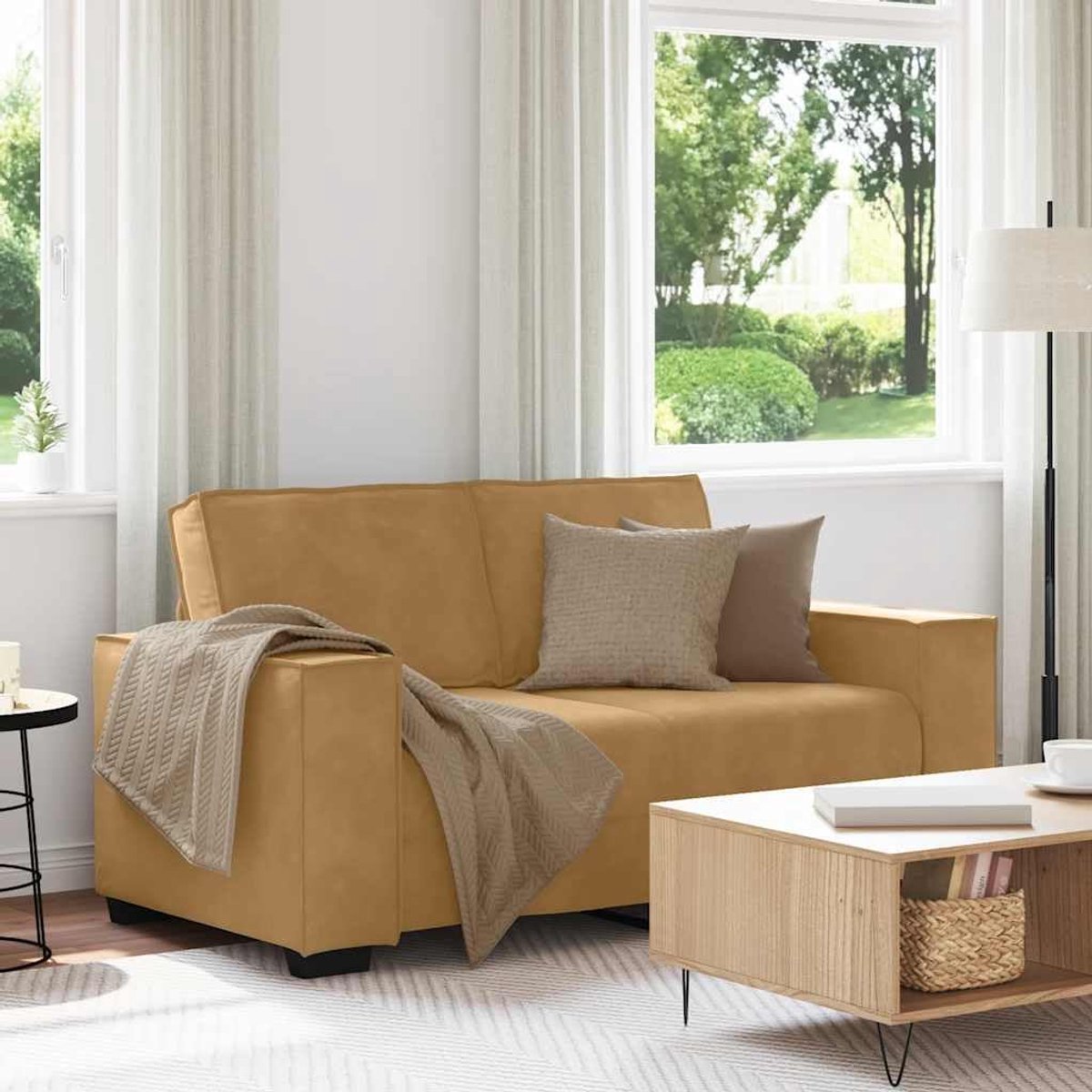 2-zitsbank, fluweel, stoffen bekleding met houten metalen frame en brede armleuningen, voor woonkamer, kantoor, logeerkamer, zachte bekleding en stabiele constructie, bruin, 120 cm