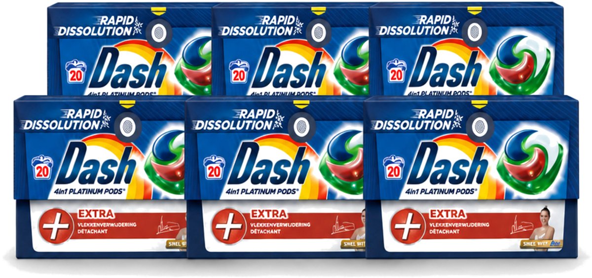 6 x Dash – Wasmiddel Pods 4-in-1 Platinum – Extra Vlekkenverwijdering – 20 Capsules - Voordeelverpakking - 6 stuks
