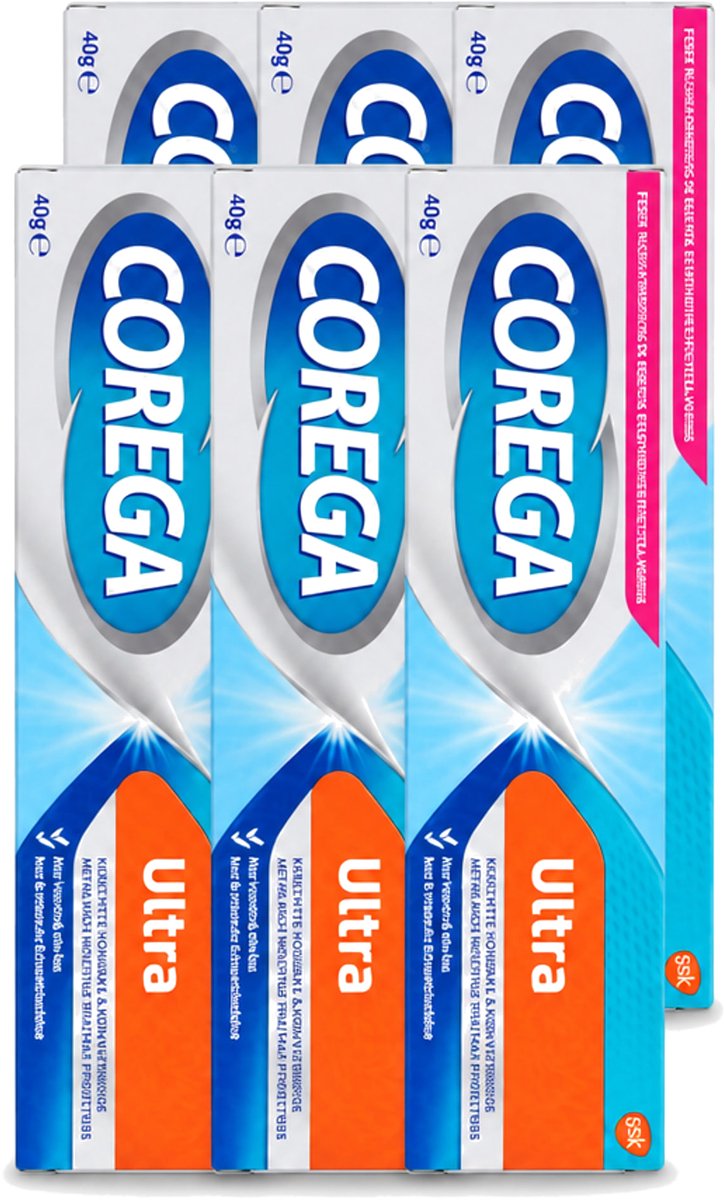 6 x Corega Ultra Kleefcrème - Krachtig Houvast & Bescherming - Met Verfrissende Mintsmaak - 40g - Voordeelverpakking - 6 stuks