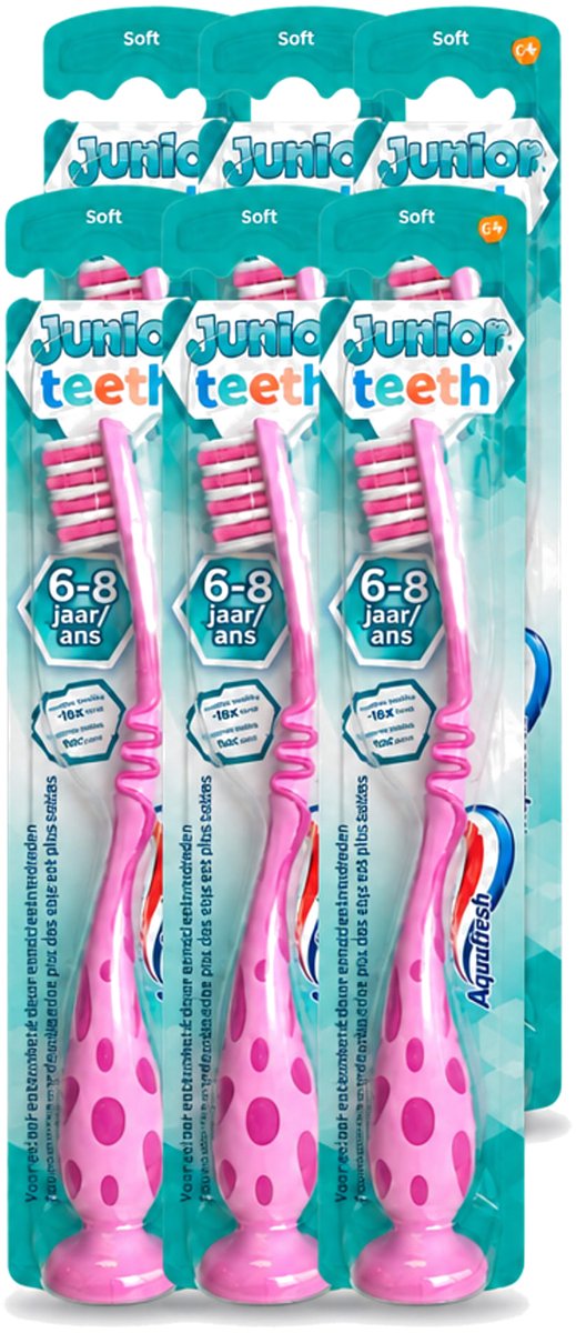 6 x Aquafresh - Junior Teeth Tandenborstel - 6-8 Jaar - Cool Ontwerp - 1 Stuk - Voordeelverpakking - 6 stuks