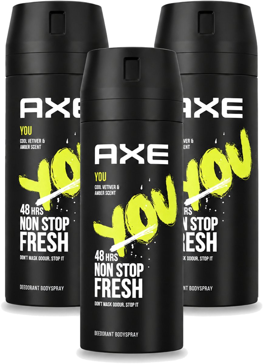 3 x Axe - Deodorant Bodyspray - 48hrs Fresh - You - Cool Vetiver & Amber - 150 ml - Voordeelverpakking - 3 stuks