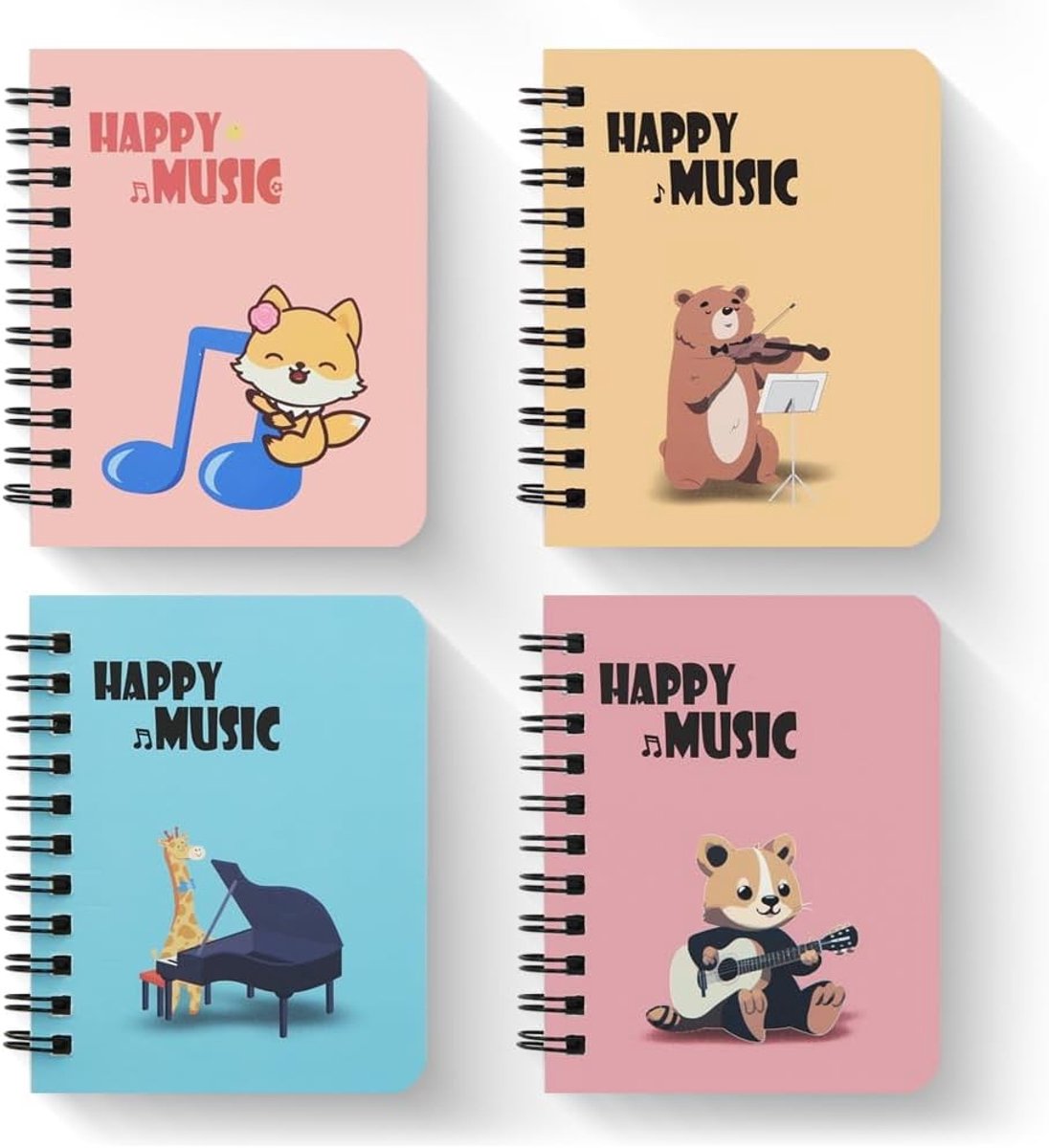 Set van 4 Spiral Notebooks met Muzikale Dieren - Panda, Giraffe, Beer en Kat - Creatieve Notitieboeken voor Kinderen en Kantoorbenodigdheden