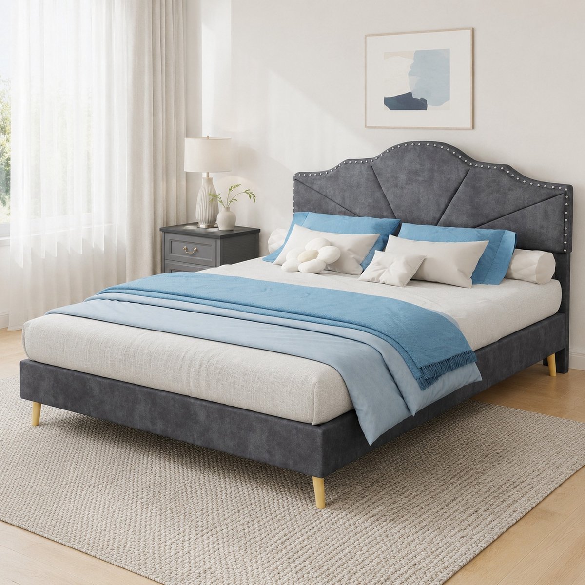 WUVRIE Gestoffeerd bedframe 140x200 cm met lattenbodem en geometrisch hoofdbord, grijs