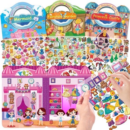 Puffy stickerboekset met Mermaid, Fairytale Garden en Princess Castle, inclusief achtergronden en 3D-stickers.