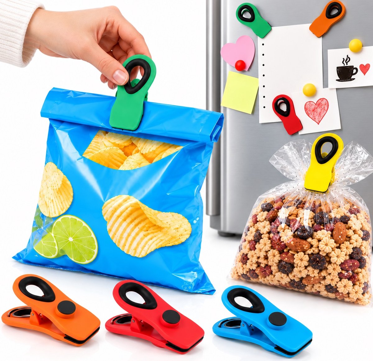 Magnetische Zakclips – Set van 3 – Afsluitclips met Magneet – Voor Snackzakken, Koelkast, Notities & Foto’s – Willekeurige Kleuren