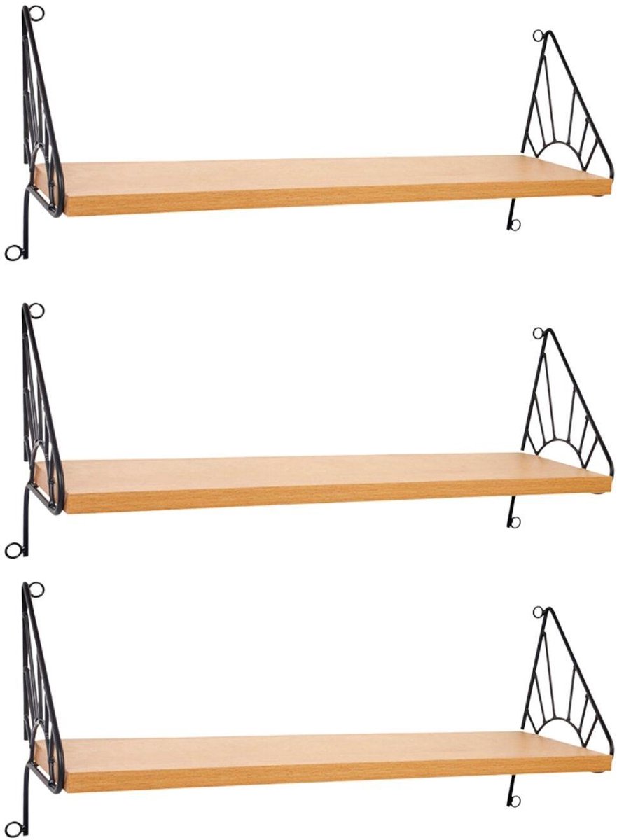 Ostaria Wandplank Sol - 3x - hout/metaal - zwart/bruin - 50 cm - boekenplank - hangplank