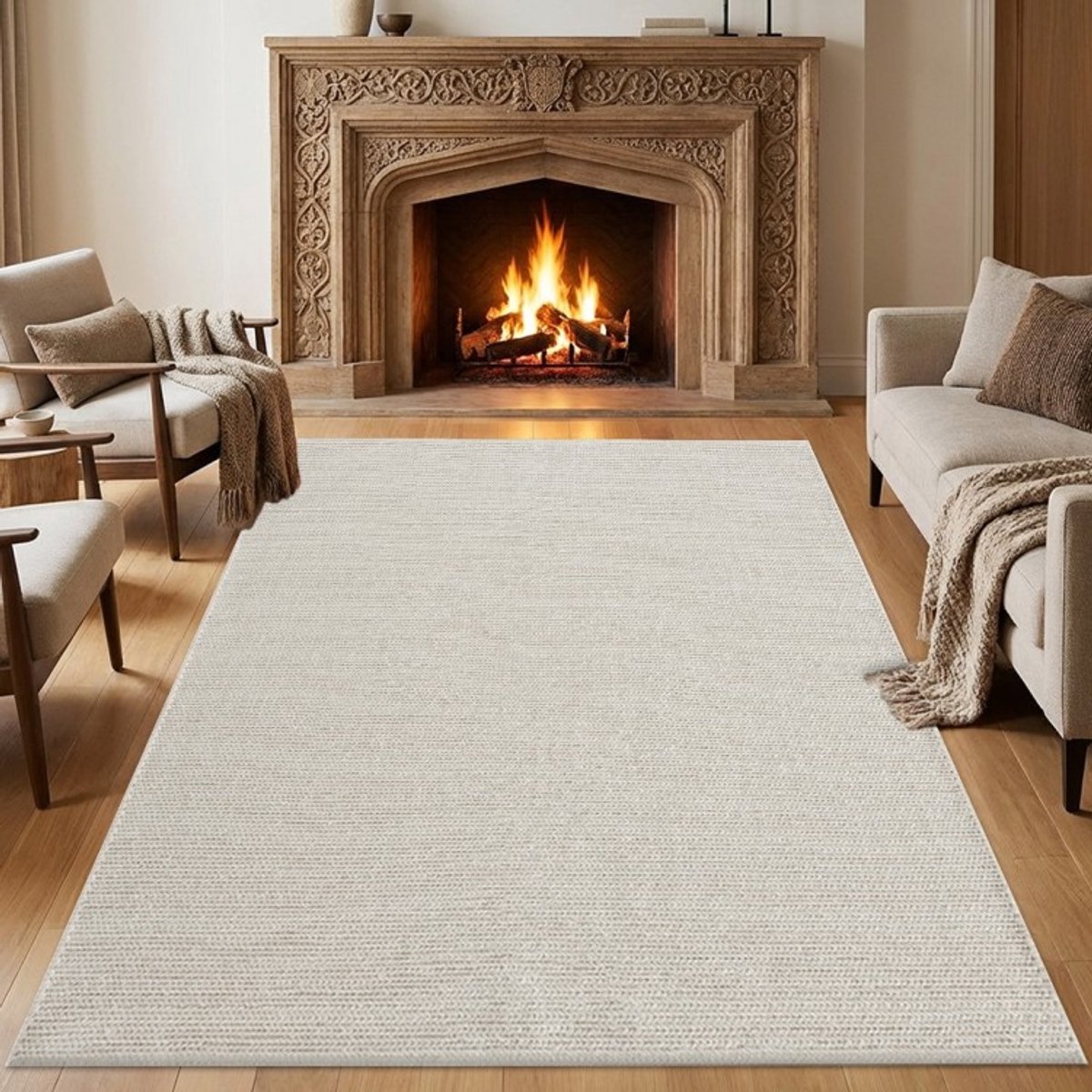 TapisTrend Designer tapijt Crème 300x400 cm Effen crèmekleurig vloerkleed van wol en katoen, geweven met een fijne en natuurlijke textuur Beige