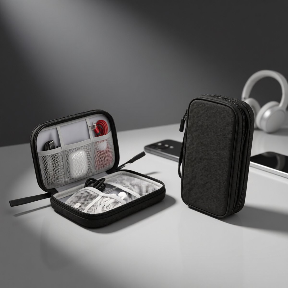 BILMU Elektronische organizer reiskabelorganizer dubbellaags draagbare waterdichte opbergtas voor kabels, snoeren, opladers, telefoon en oortelefoons, zwart