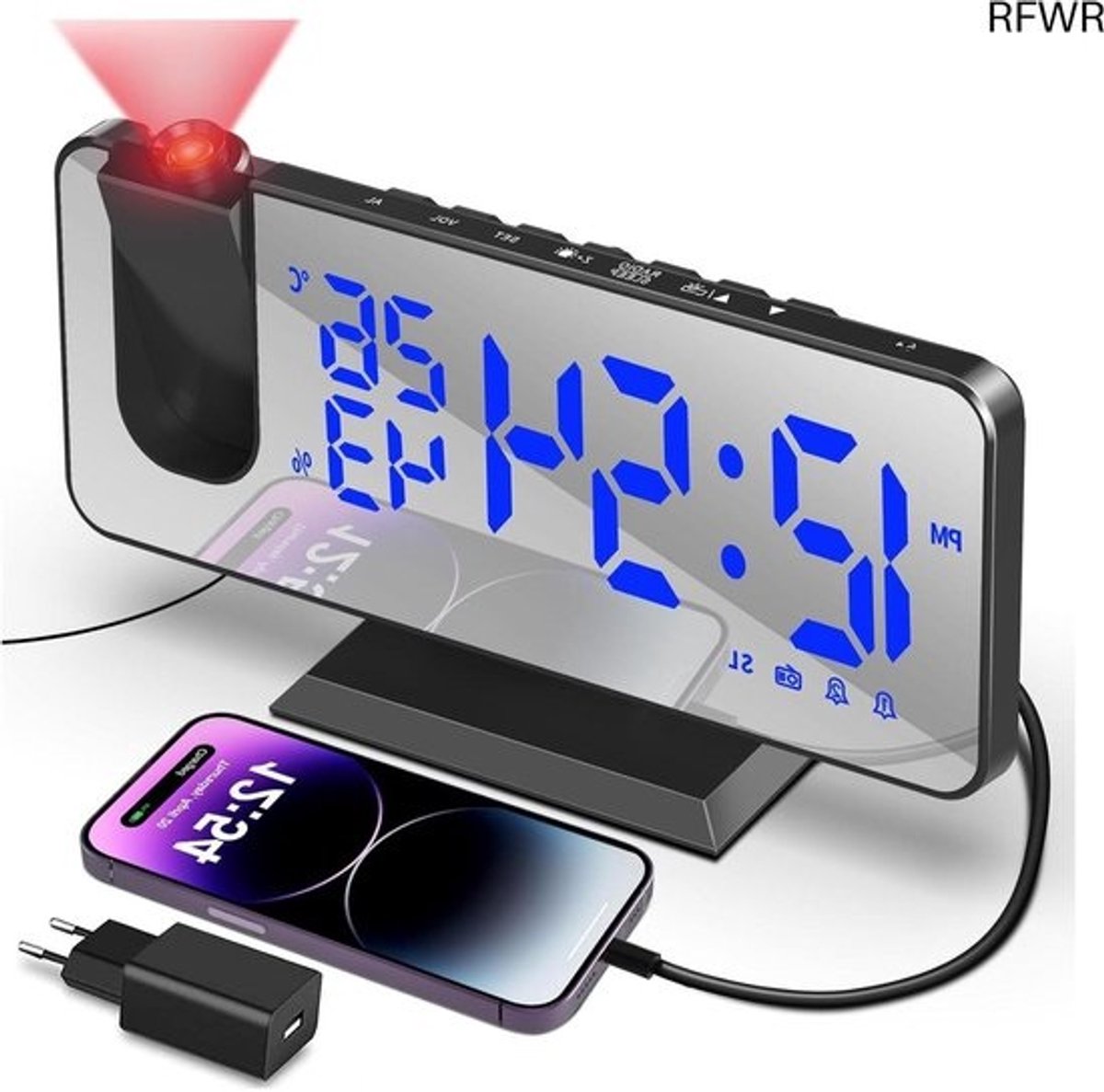 projectiewekker - radiowekker - digitale wekker - om wakker te worden - 180°-projectie - dubbel alarm - blauw