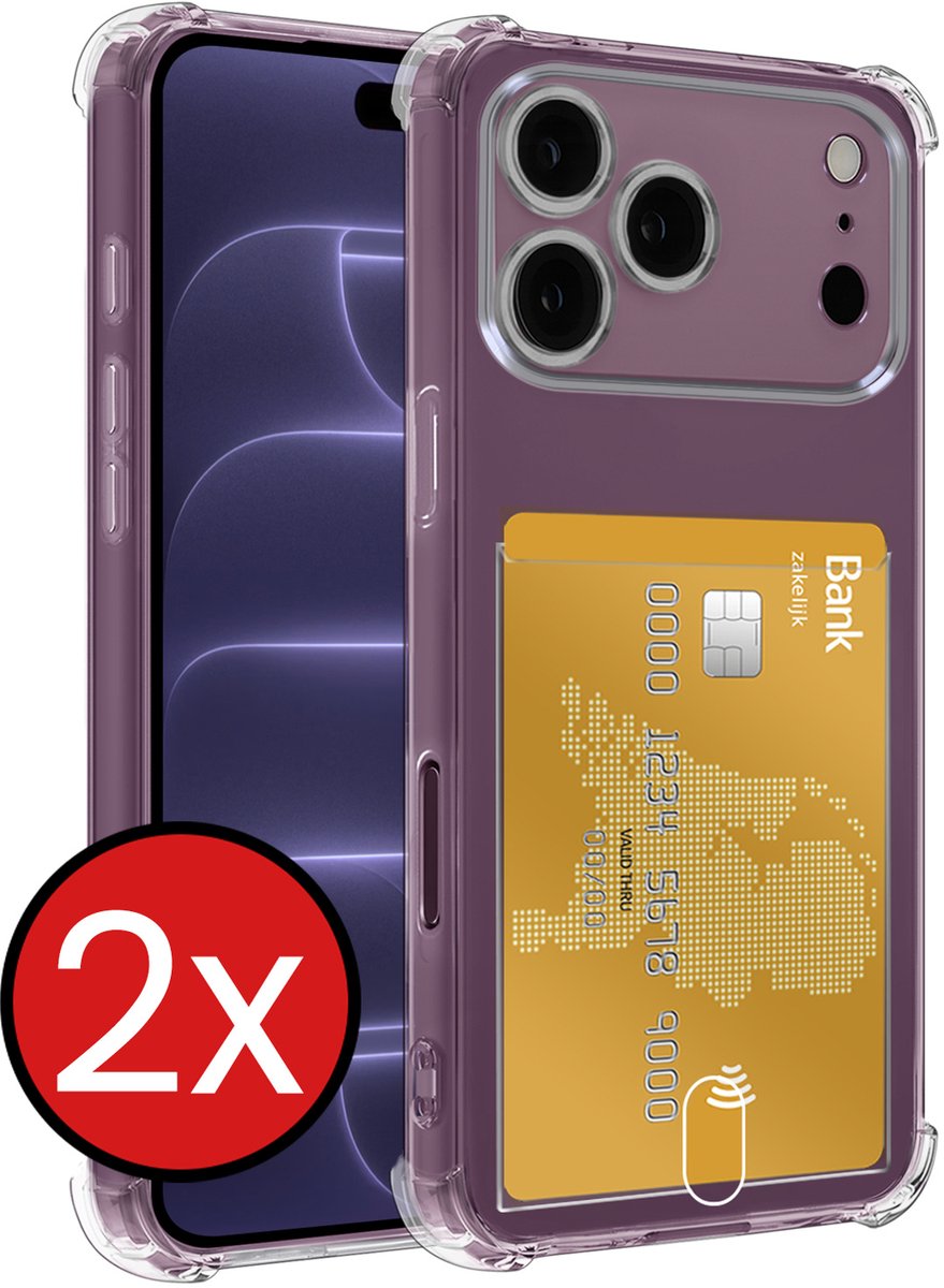 Hoesje - 2 Stuks - Geschikt voor Apple iPhone 18 Pro Max - Met Pashouder en Kaarthouder - Telefoon Hoes Shockproof - Back Cover - Siliconen Case - Shock Proof - Pasjes Houder - Telefoonhoes - Transparant