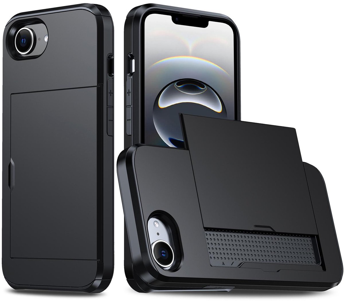 Shockproof Armor Case voor de Apple iPhone 16e / 17e met Kaartslot - Zwart
