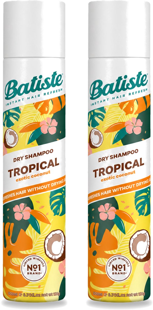 2 x Batiste - Tropical - Droogshampoo - Tropische Geur - Verfrist en Stylet - 200ml - Voordeelverpakking - 2 stuks