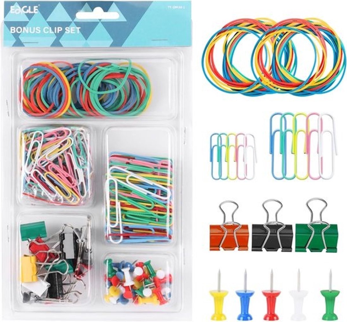 Assortiment kantoorartikelen - Nietjes, paperclips, punaises en elastiekjes
