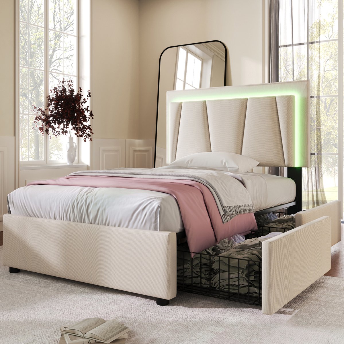 AURA LUMEN Gestoffeerd bed-Eenpersoonsbed-90 x 200 cm-LED-verlichting-bed met lades-verstelbaar hoofdbord-beige