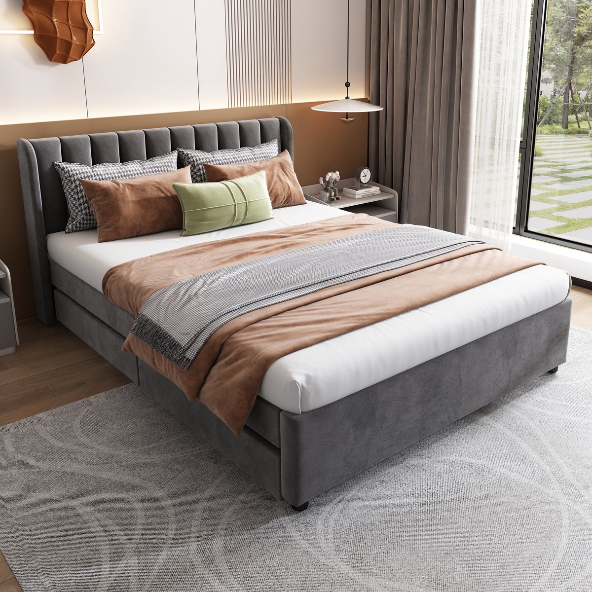 AURA LUMEN-Gestoffeerd bed-Twijfelaarbed-140x200 cm-Bed met lades-Bed met hoofdbord-grijs