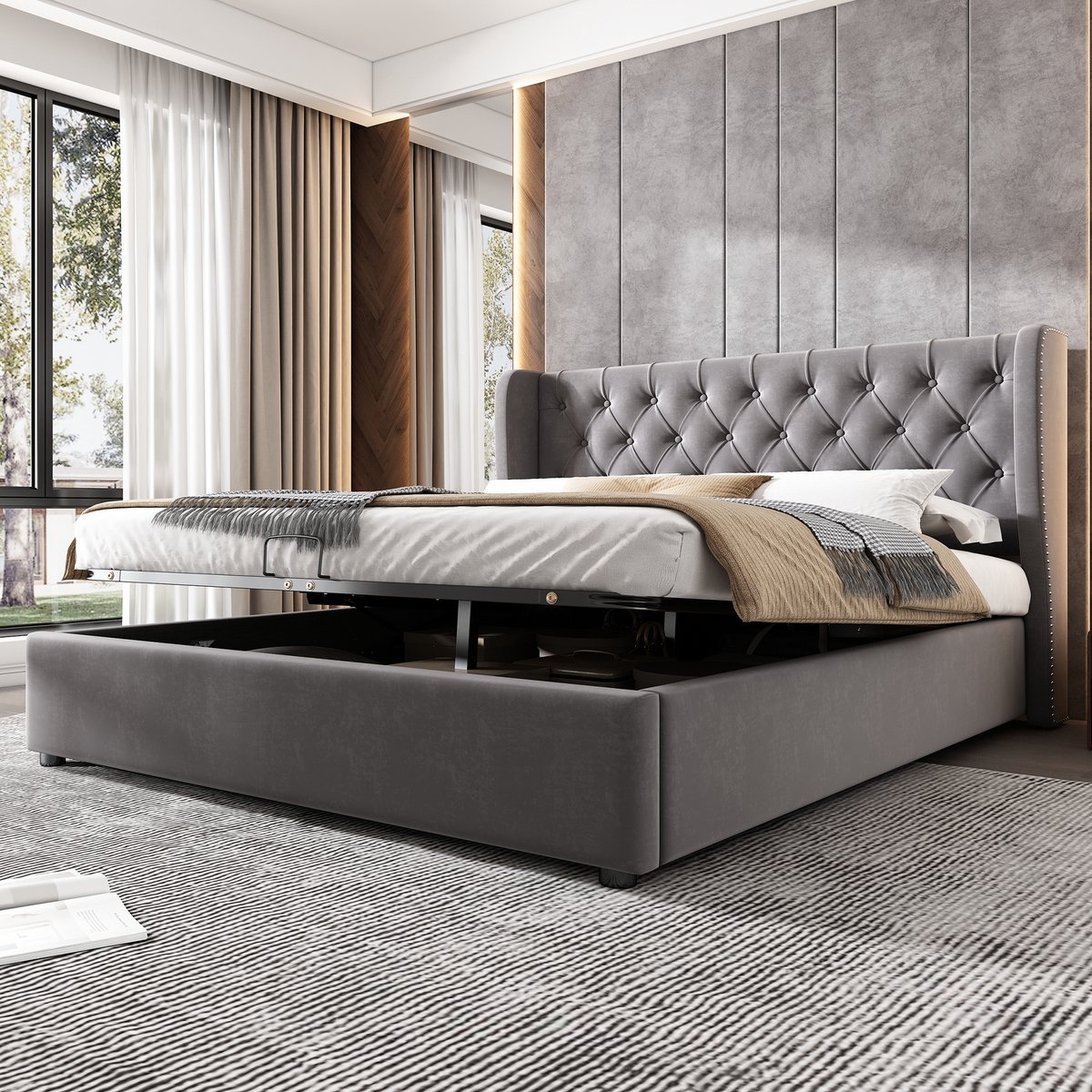 AURA LUMEN-Gestoffeerd bed Twijfelaarbed 140 x 200 cm Hydraulisch bed met opbergruimte Bed met hoofdbord Grijs
