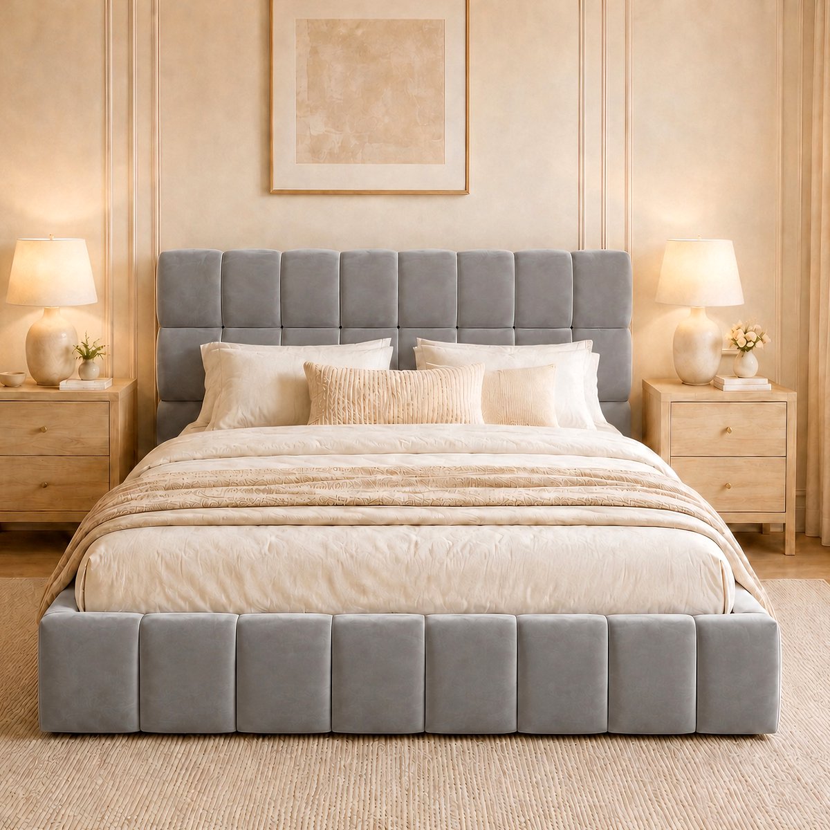 AURA LUMEN Gestoffeerd bed Twijfelaarbed 140 x 200 cm met hoofdbord en polsteromranding Samtgrau Grijs