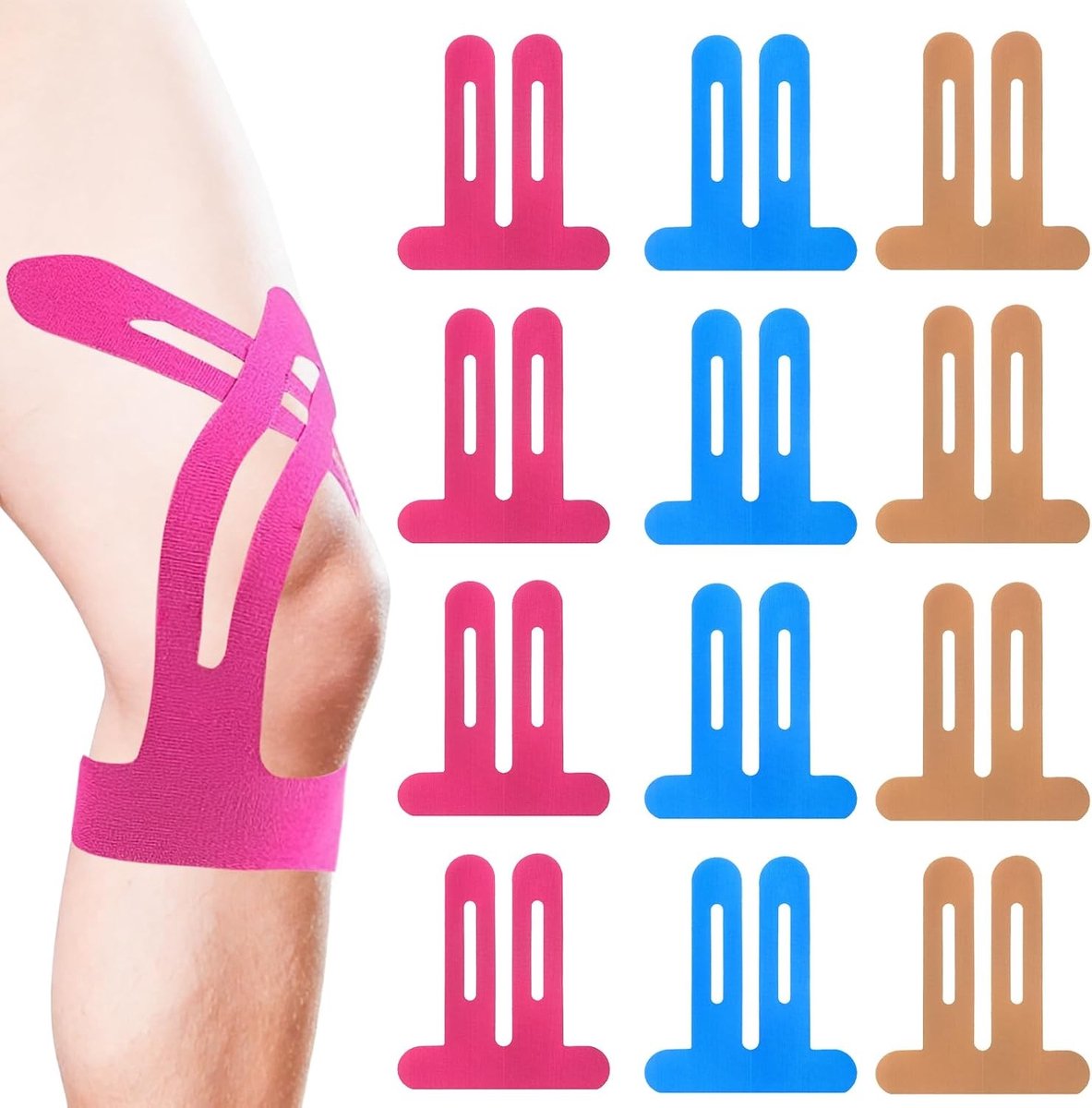 Pre-Cut Kinesiotape 12 Stuks - Elastische Sporttape, Waterdicht en Ondersteunend voor Beweging, Verkrijgbaar in 3 Kleuren voor Dagelijks Gebruik en Sportactiviteiten