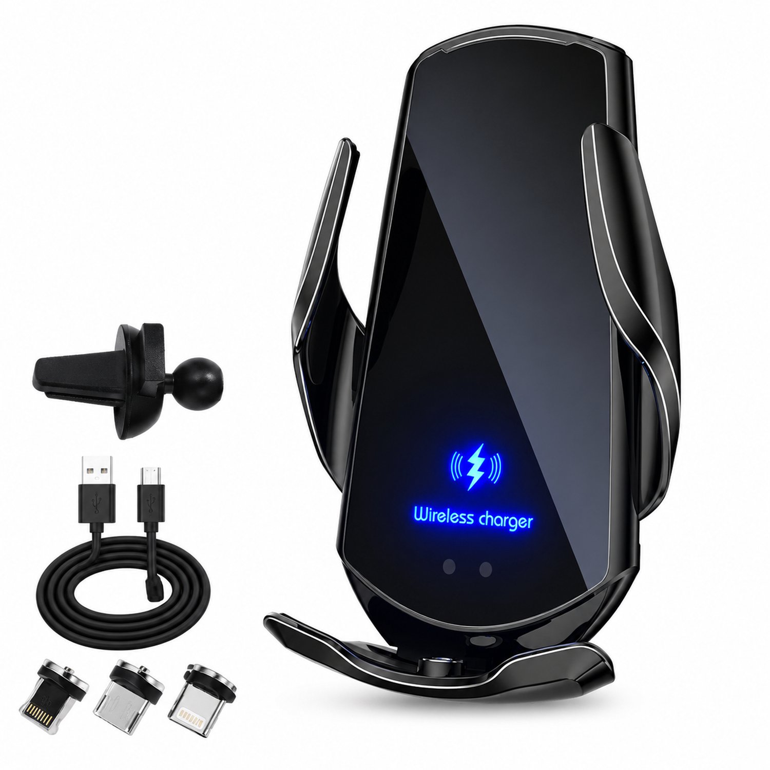 Telefoonhouders auto Q3 zwart met draadloos opladen van 15 W voor navigatie inclusief ventilatieroosterclip kabel en magnetische connectoren