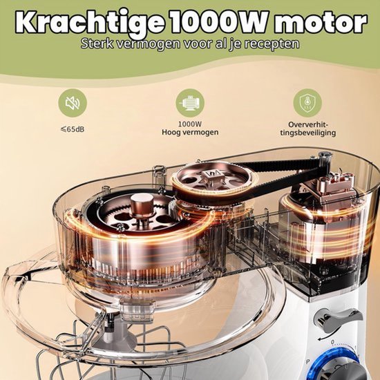Keukenmachine, kneedmachine, stille roermachine, incl. 5 l roestvrijstalen kom, 3 roergereedschappen, spatbescherming, deegschraper en eischeider, deegmachine met snelheid van 8 P (wit) — afbeelding 3