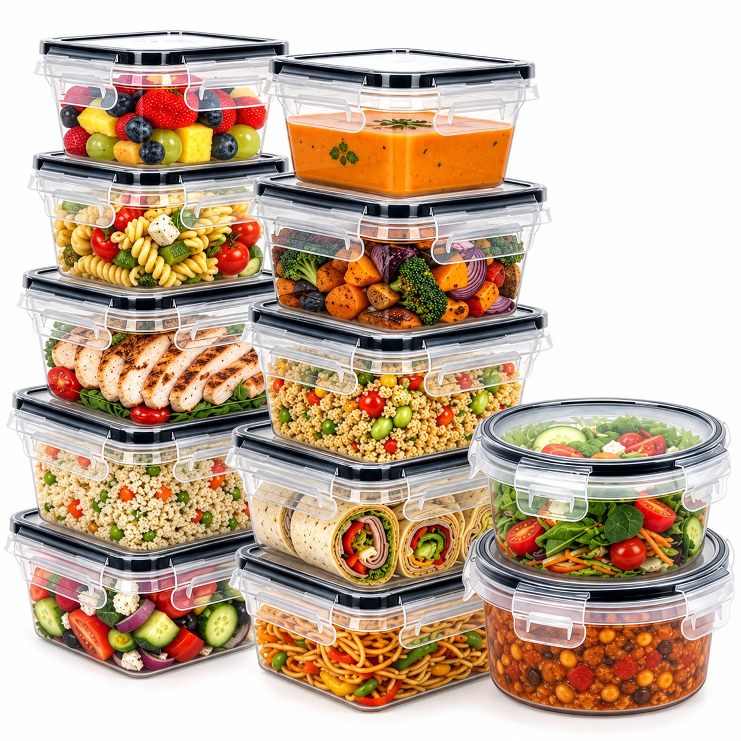 Vershoudbakjes Set - 12 Stuks Plastic Bakjes in 5 Formaten - Meal Prep Bakjes - BPA-vrij - Magnetronbestendig