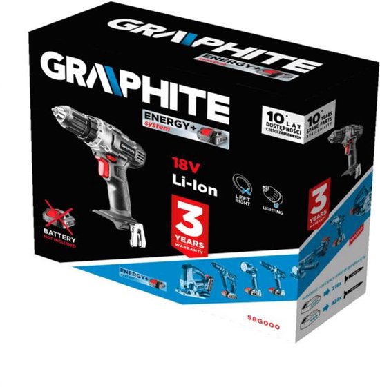 Zwarte verpakking van Graphite 18V accuboormachine met 3 jaar garantie en Energy+ systeem.