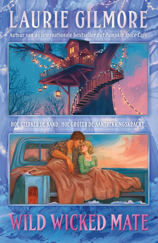Illustration double : en haut, une cabane dans les arbres décorée de guirlandes lumineuses dans une ambiance hivernale ; en bas, un couple, l'homme en chemise à carreaux, la femme en vert, assis sur la benne d'un pick-up.