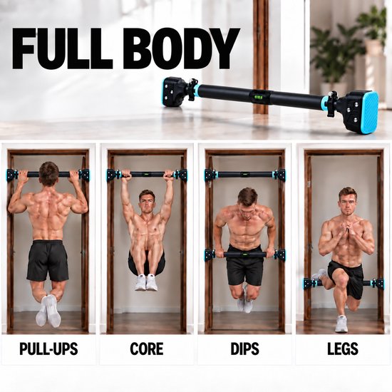 Collage van mannen die diverse oefeningen doen met een optrekstang in een deurpost: pull-ups, core, dips en legs.
