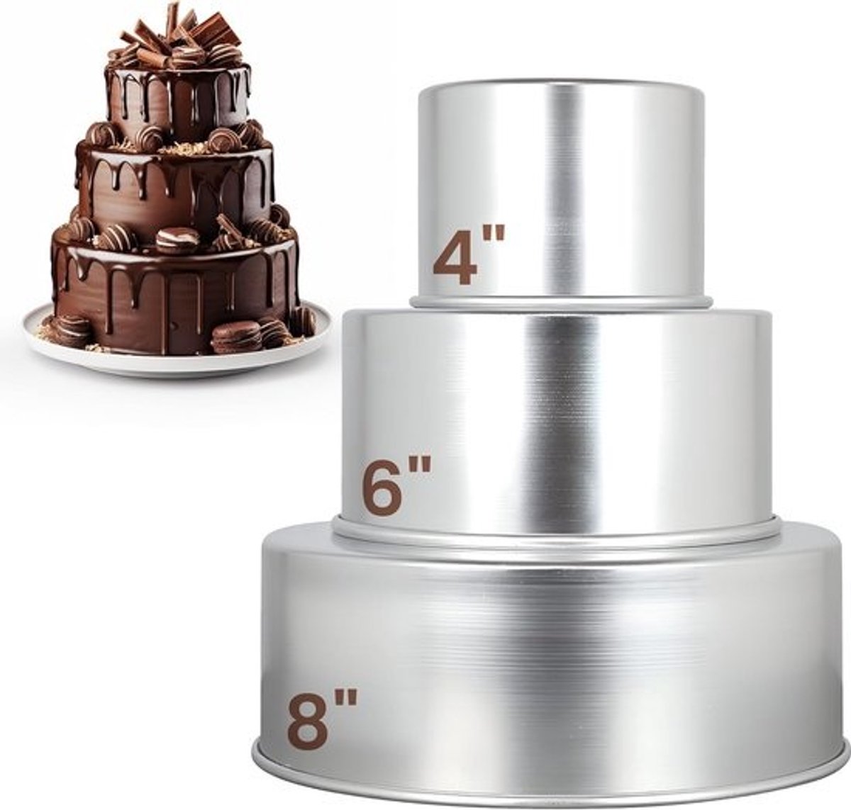 Hoge ronde taartpannenset - 4, 6 en 8 inch - Voor perfecte taartlagen