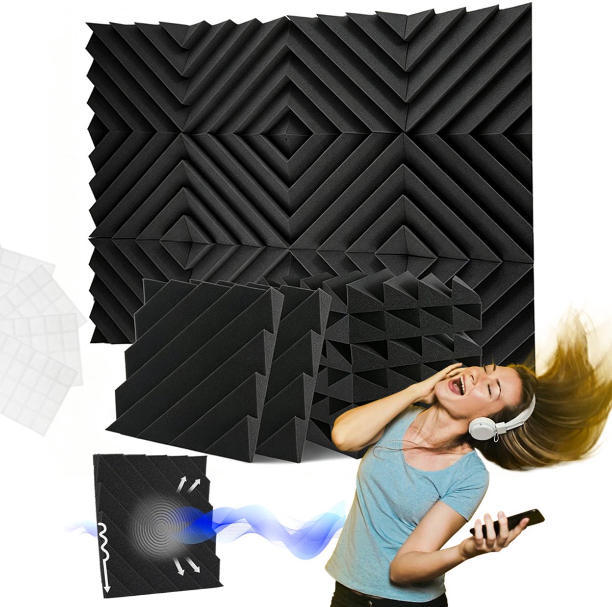 Akoestische Panelen - Geluidsisolatie Panelen - Akoestisch Wandpaneel - Wandpanelen - 18 Stuks - 30x30x5 cm - Vermindert Echo - Wanddecoractie - Voor Thuisbioscoop & Kantoor & Studio - Zwart