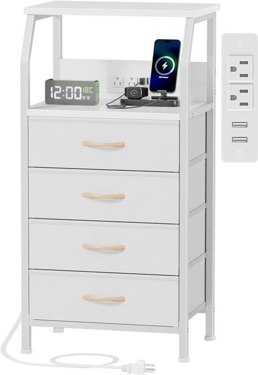 Hoog nachtkastje met oplaadstation en opbergruimte voor de slaapkamer