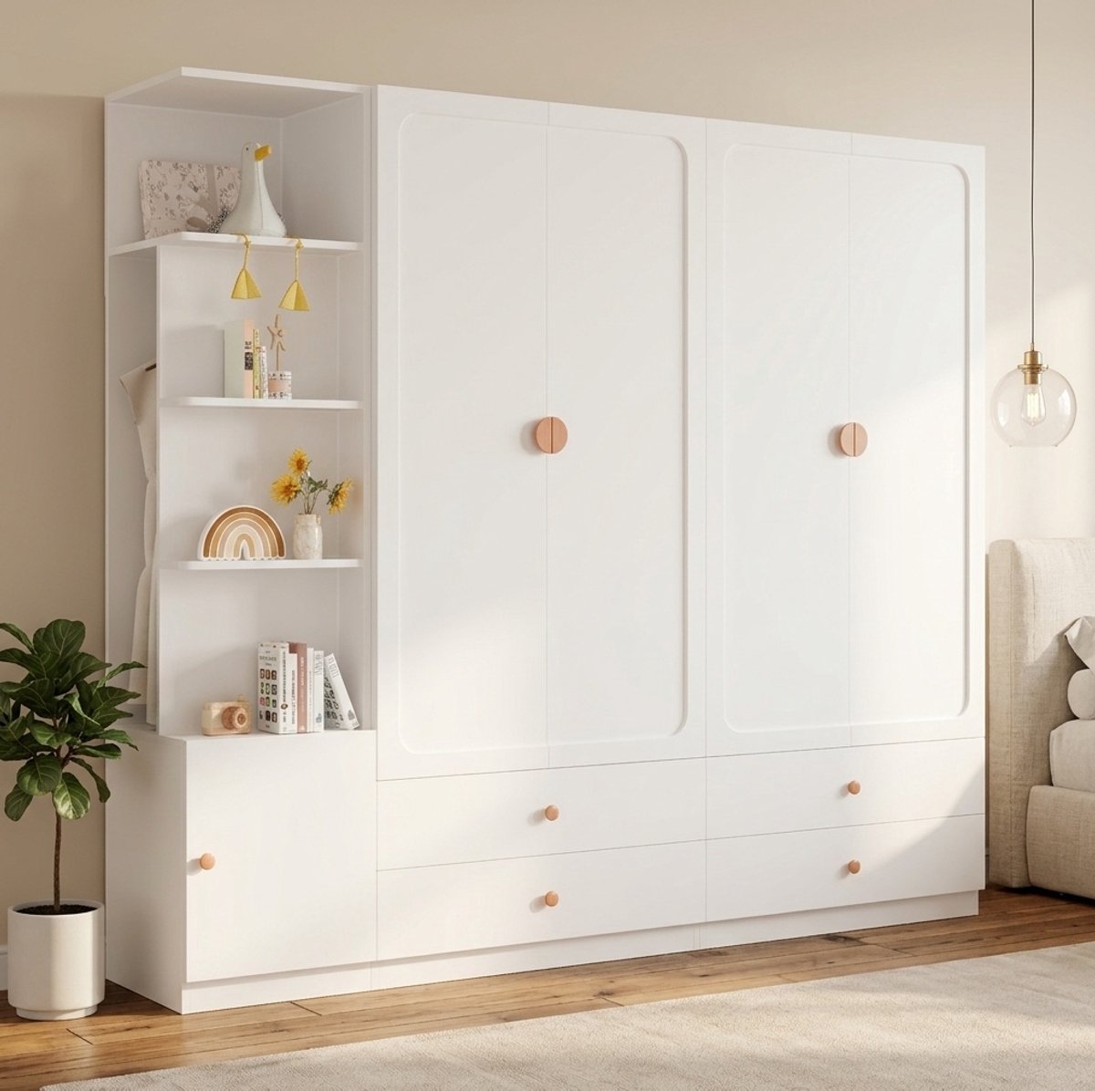 DESMIU Kledingkast - 3 Kledingroedes En 4 Lades - Voor Slaapkamer, Kinderkamer, Hal En Kantoor - MDF, Hout En Staal - 225x45x200 Cm - Wit