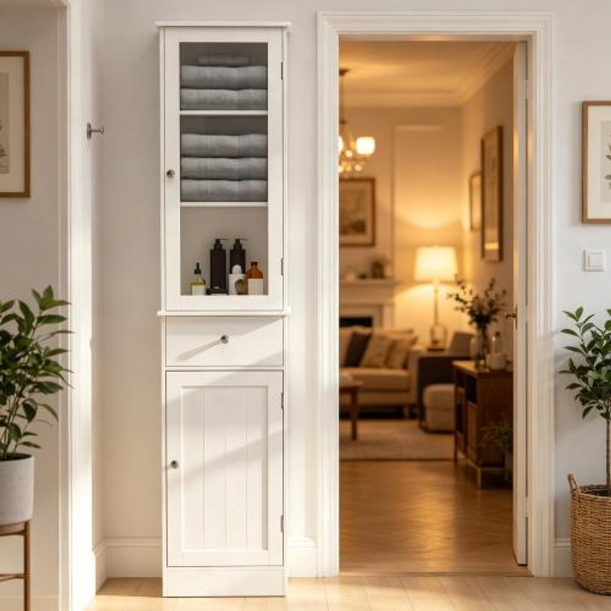 Hoge vloerstaande opbergkast van MDF en acryl, wit, met lade en deuren voor badkamer opslag