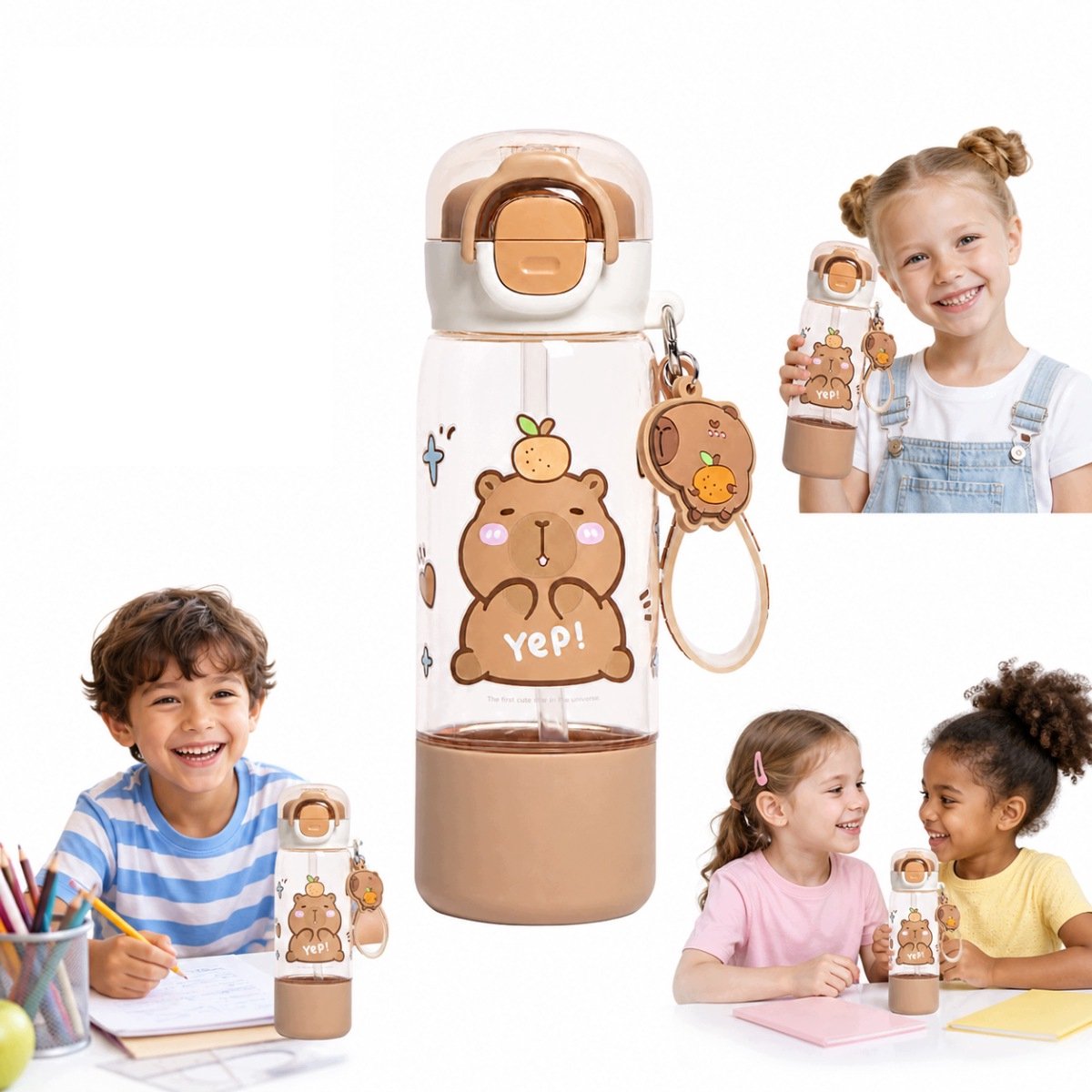 Kapibara Waterfles 510ml met Zachte Riet en Draagband