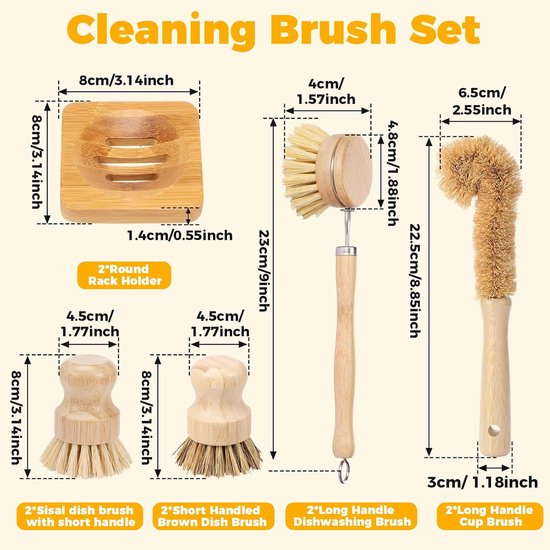 10-delige afwasborstel van bamboe, sisalvezel, afwasborstelset, hout met afwasborstel, bekerborstel, houder, afwasborstel, houten handvat voor schone keuken, badkamer, tafel, muur, vloer, raam — afbeelding 2