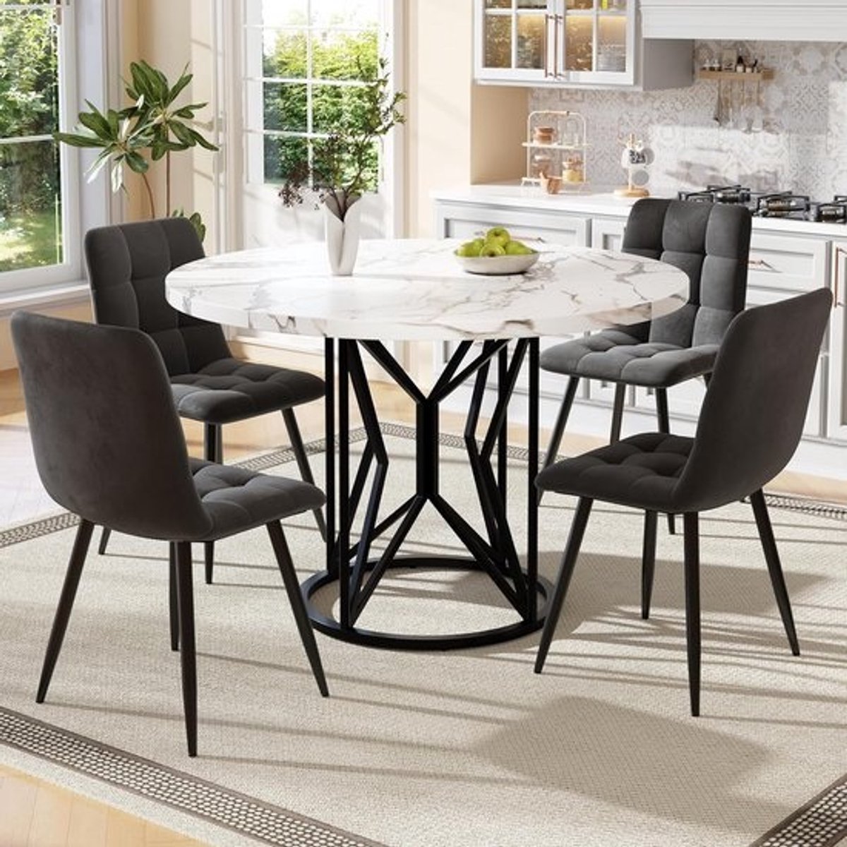 Ronde eetkamerset - Met 4 stoelen - Eettafel van Ø100 cm - Comfortabele zitmeubels
