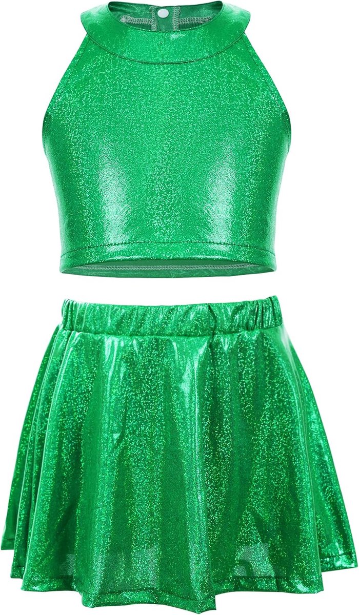 Glanzende crop top met rok voor meisjes, 2-delig, balletdansjurk, jazz-latin-optredenskostuum, moderne danskleding