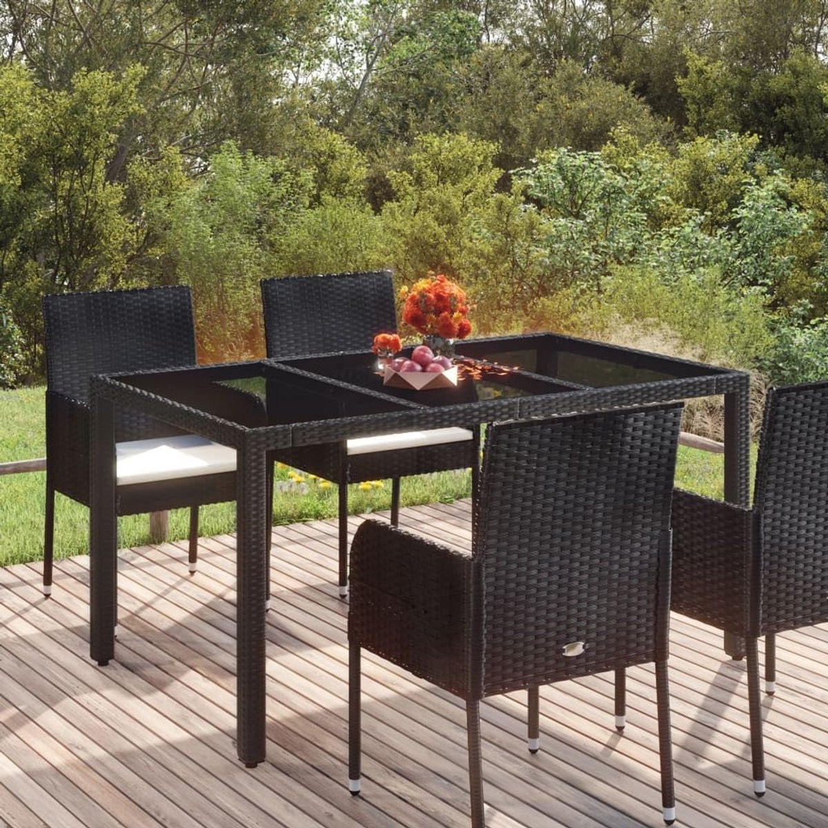 Tuintafel met glasplaat, zwart, 150 x 90 x 75 cm, polyrotan, outdoor tafel, tuin, lounge-tafel, patiotafel, balkon, eettafel voor tuinen, terrassen en balkons