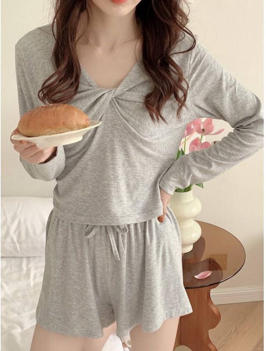 Sexy Pyjama Sets - Lente Sweet Fashion Gebreide Pyjama V-Hals Crossover Homewear Lovely Sleepwear,Mode Losse Tweedelige Loungewear Set,Soft Tender Version Lounge Stijlvol Slaapshirt,Grijs,One S