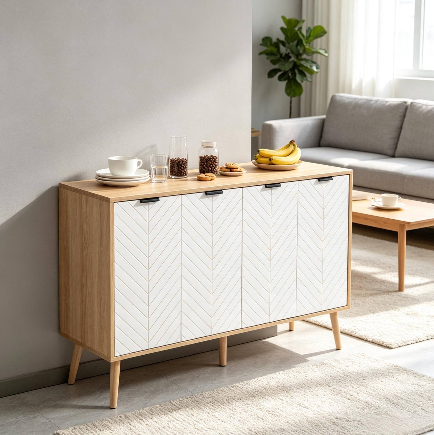 MODENUIT Buffetkast - Vier Deuren Met Verstelbare Plank - Voor Woonkamer En Eetkamer - Wit - 120x35x77,4 Cm