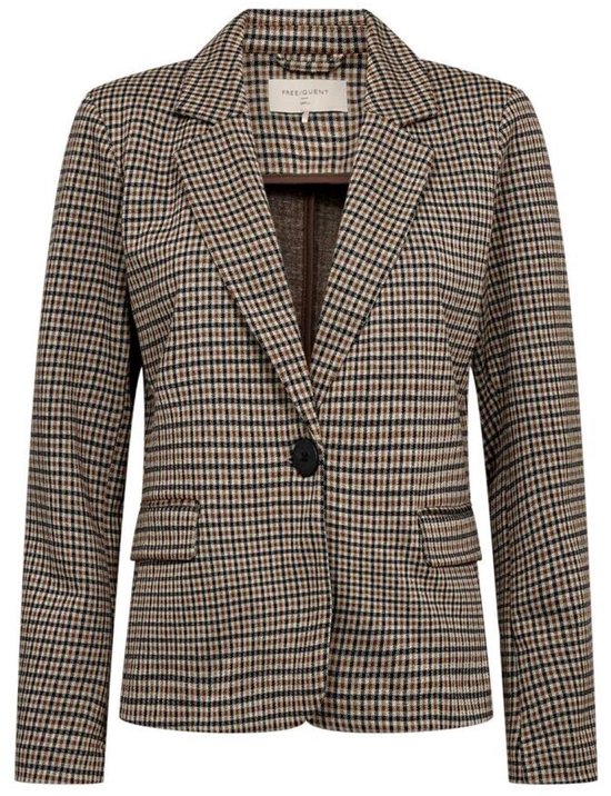 Bruin en zwart geruite blazer met revers, één zwarte knoop en 'Freequent' label aan de binnenkant.